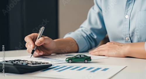 Man calculating car insurance costs with pen and calculator