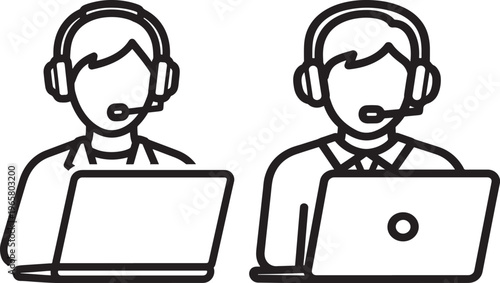 Line art icons of two customer service representatives with headsets and laptops with Call Center with Help Desk with White Background with Customer Support with Operator Icon