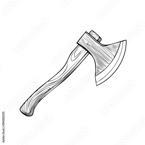 Hand drawn illustration of a wooden handled axe with a sharp metal blade