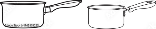 Two simple line drawings of saucepans, one large and one small, on a white background, Line Art, Food Preparation, Kitchen Tool