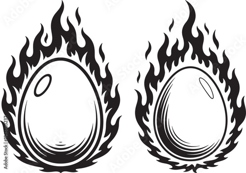 Two stylized black and white illustrations of eggs engulfed in flames