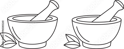 Two outline illustrations of mortars and pestles with leaves on a white background with Mortar And Pestle with Line Art with Spice Grinding with Kitchen Tool