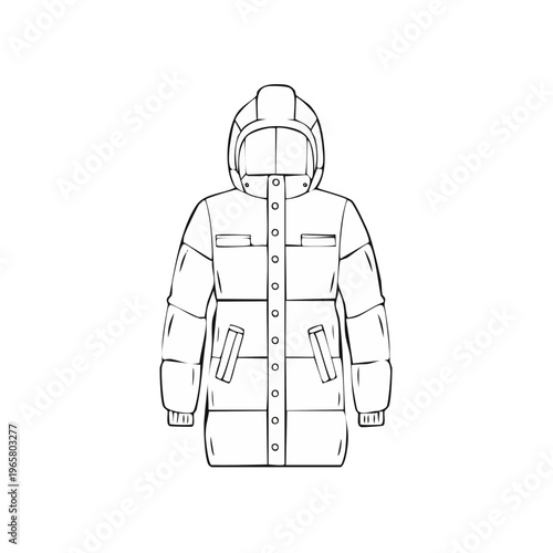 Fashion illustration of a hooded puffer jacket with front pockets and button closure