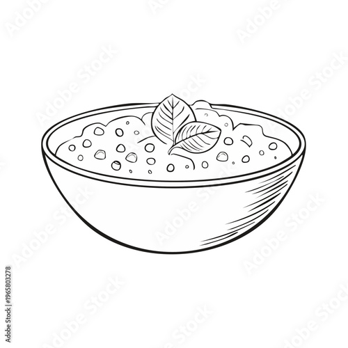 Hand drawn illustration of a bowl filled with porridge or oatmeal garnished with basil leaves