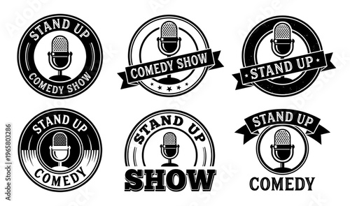 Stand up comedy show logo set microphone ribbon and vintage badge