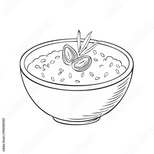 Hand-drawn line art illustration of a bowl of porridge or oatmeal topped with almonds and herbs