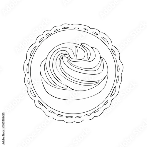 Dessert outline drawing with swirled frosting and scalloped border