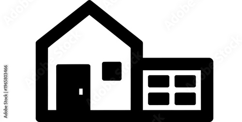 A simple black and white vector icon representing a residential house attached to a small garage Vector, illustration