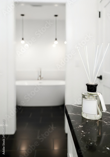 A glass bottle of reed diffuser on a black marble countertop in a modern bathroom with a white bathtub