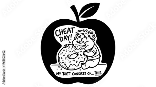Minimalist Apple with Secret Donut Cartoon Line Art, Monochrome Vector Illustration of Diet Cheat Day Humor