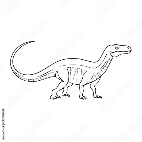 Line art illustration of a theropod dinosaur standing side profile on a white background