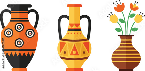 Traditional Ceramic Vase Collection with Decorative Patterns and Floral Arrangements Vector Illustration Set