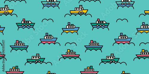 かわいい船と波の連続模様イラスト