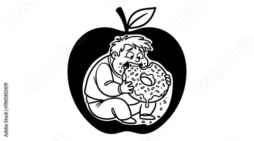 Minimalist Apple with Secret Donut Cartoon Line Art, Monochrome Vector Illustration of Diet Cheat Day Humor