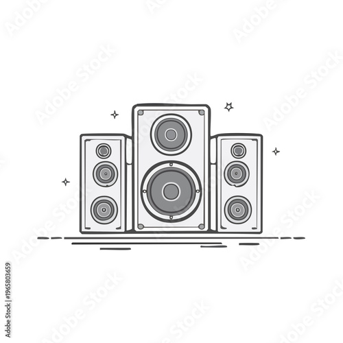 Group of stereo speakers with stars and sound waves in a minimalist line art style