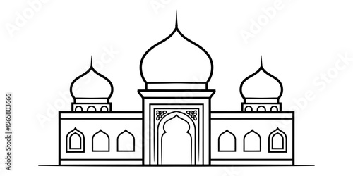 A simple black and white line drawing of a mosque with three domes for coloring book activities. Vector, illustration