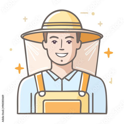 Beekeeper wearing protective suit and hat with netting, smiling portrait illustration