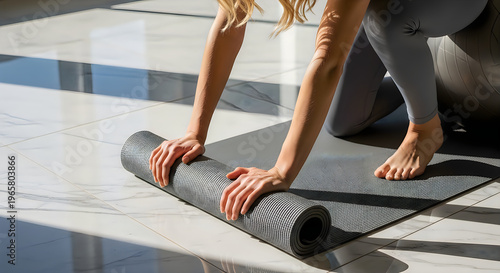 Woman rolling out a yoga mat on a marble floor for exercise and stretching