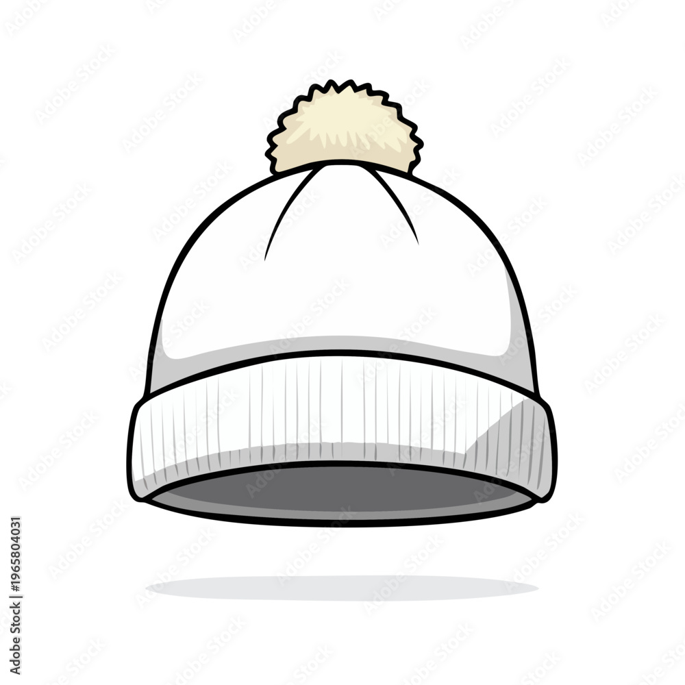 Fototapeta premium Simple cartoon illustration of a white knitted beanie with a fluffy pompom on top