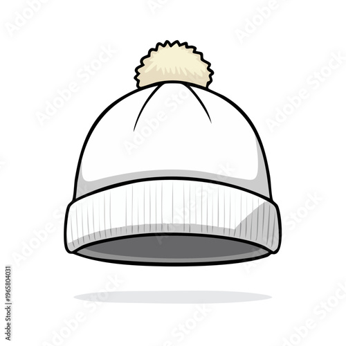 Simple cartoon illustration of a white knitted beanie with a fluffy pompom on top