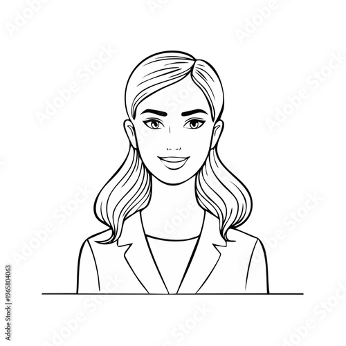 Stylized line drawing of a smiling young woman in a business suit