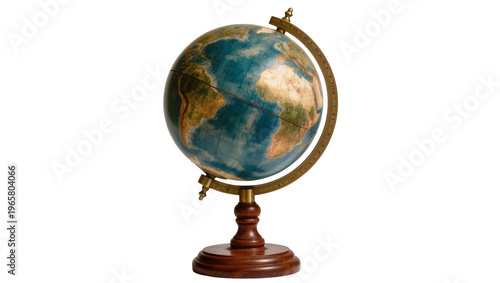 Photos Classic blue-brown world globe on a brass and wooden stand, isolated on transpar