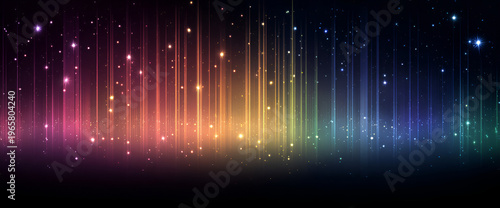 A vibrant abstract design with vertical light streaks and scattered square-shaped sparkles against a dark gradient backdrop