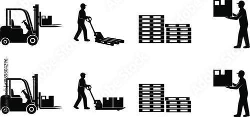 Logistics warehouse editable icon set forklift pallet jack and worker silhouettes for supply chain visuals