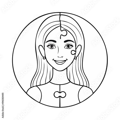 Person head divided into puzzle pieces face parts representing identity or completeness