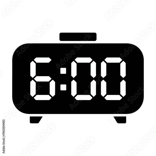 Vector digital alarm clock displaying the time 6:00 am on its screen