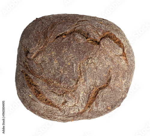 Rustic artisanal rye bread loaf with a dark, crusty crust and coarse texture isolated on a white background