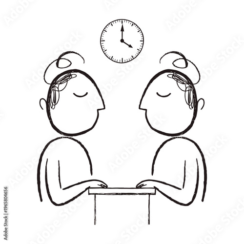 Vector of two people seated at a table with a clock floating above them