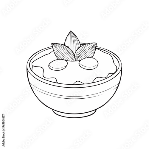 Food illustration of a bowl of mashed food with toppings and leaves