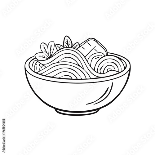 Line Art Bowl of Delicious Noodles with Toppings and Greenery
