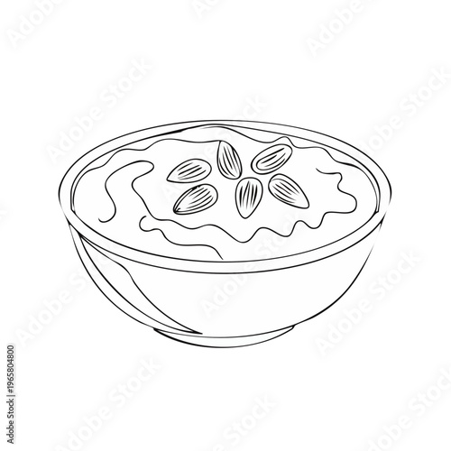 Outline illustration of a bowl filled with creamy porridge topped with almonds