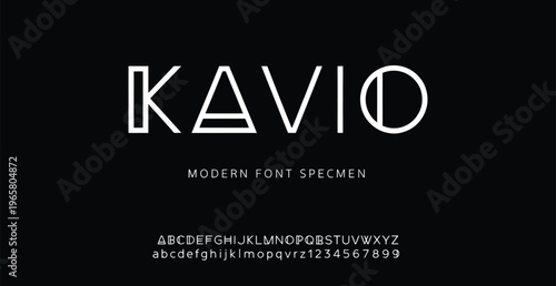 A modern font specimen with clean lines and geometric shapes on a black background