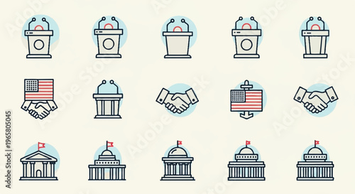 American government buildings icons of politics and democracy with flags and handshake symbols representing freedom and partnership