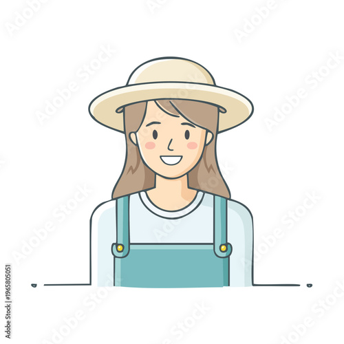 Smiling young woman farmer wearing a wide brim hat and blue overalls