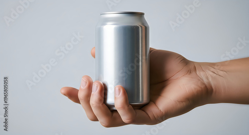 A hand holding a silver soda can against a light gray background