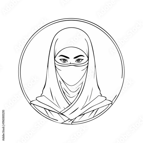 Illustration of a woman wearing a hijab and niqab within a circular frame