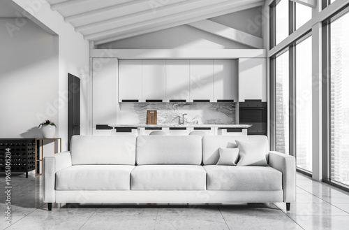 Bright interior design living room with sofa and modern kitchen shown in sleek contemporary style on a light background, concept of home comfort and elegance, 3D Rendering