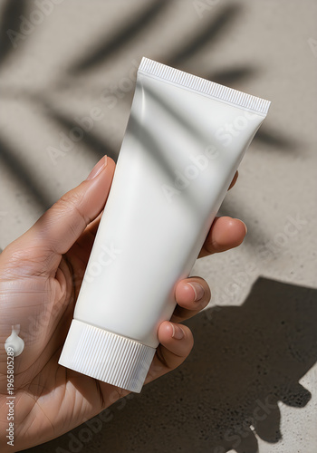 Hand holding a white cosmetic tube with a small amount of cream squeezed out
