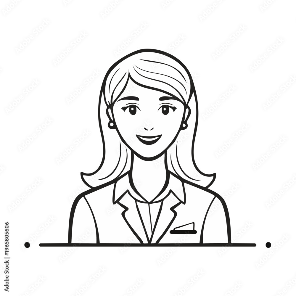 Fototapeta premium Professional Woman in Business Attire Smiling and Facing Forward Line Art Illustration