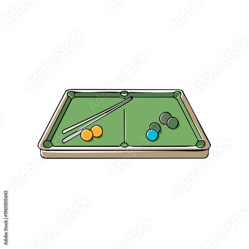 Illustration of a billiard table with cue sticks and colored balls