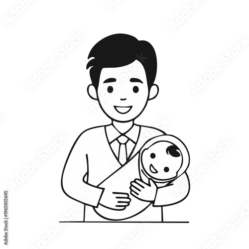 Smiling man holding a baby wrapped in a blanket in a simplified line drawing style
