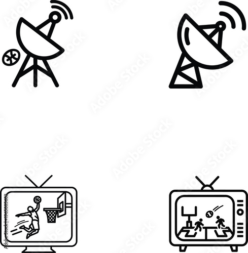Television, Satellite, and Broadcasting Icons, Black Line Style, Communication Symbols, Vector Graphics