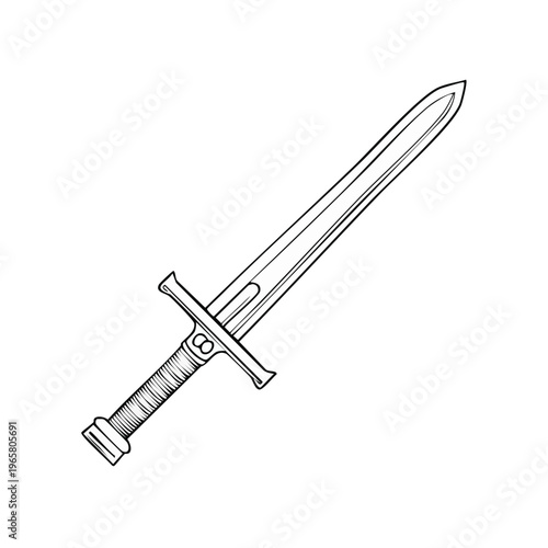 Black and white illustration of a medieval sword with a crossguard and textured hilt, angled against a white background.