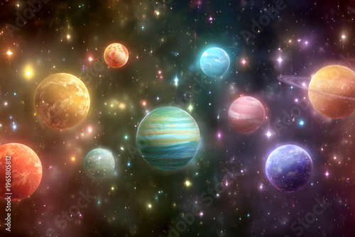 Colorful depiction of a vibrant cosmos, featuring multiple planets of varied sizes, hues, and characteristics amidst a twinkling starfield
