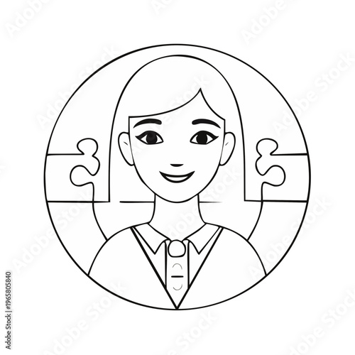 Stylized portrait of a smiling young woman framed by puzzle pieces symbolizing connection and teamwork