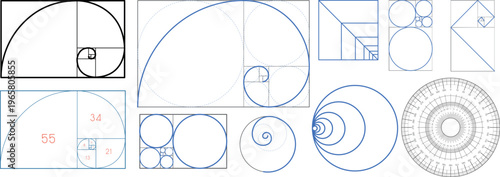 Golden Ratio Fibonacci Spiral Grid Diagram Mathematical Proportion Vector Set